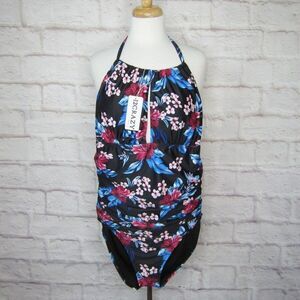 I2CRAZY Black Floral One Piece Swimsuit Tummy Control Halter Top size XL New!